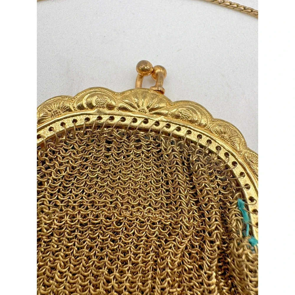 Antique Gilt Chainmail Mesh Coin Purse Evening Bag Vintage Kiss Lock 1940s Gold